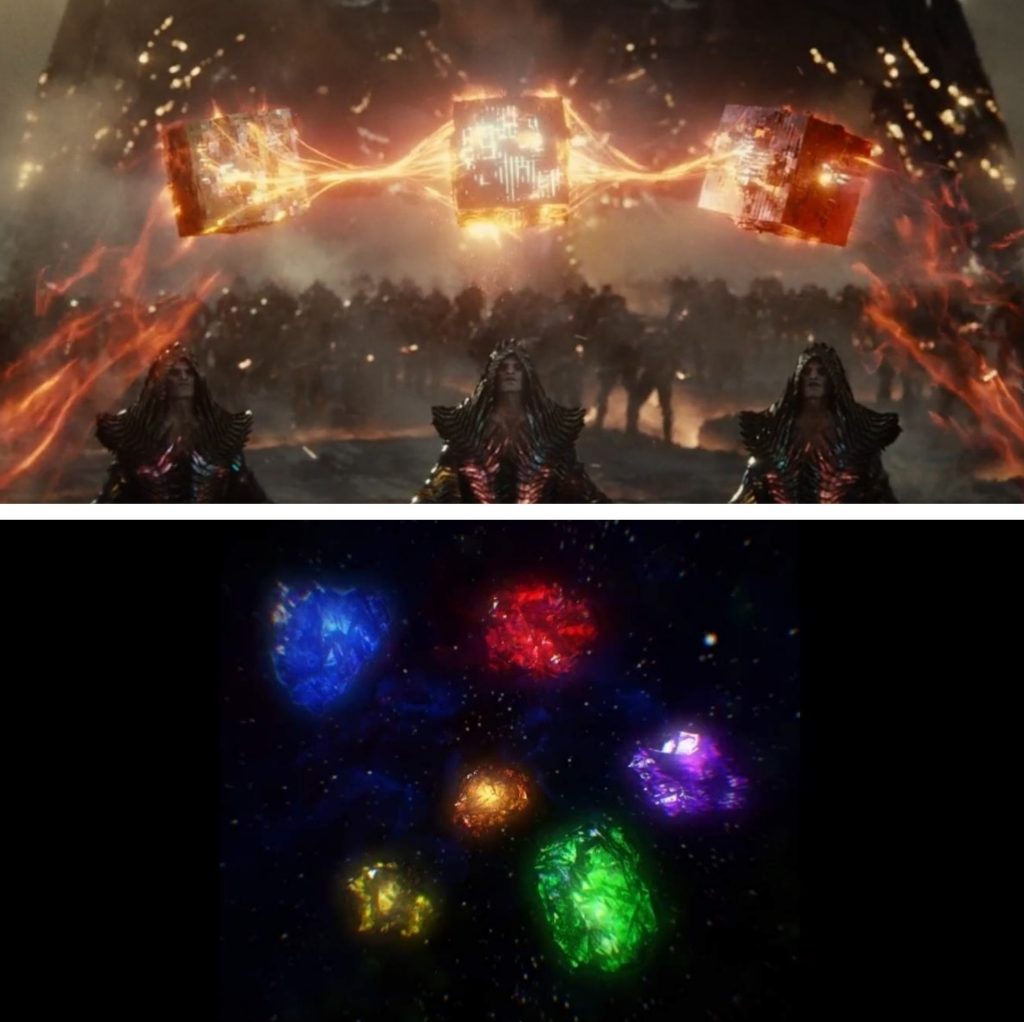 As Caixas Maternas do filme Liga da Justiça de Snyder e as Joias do Infinito, do Universo Compartilhado da Marvel.
