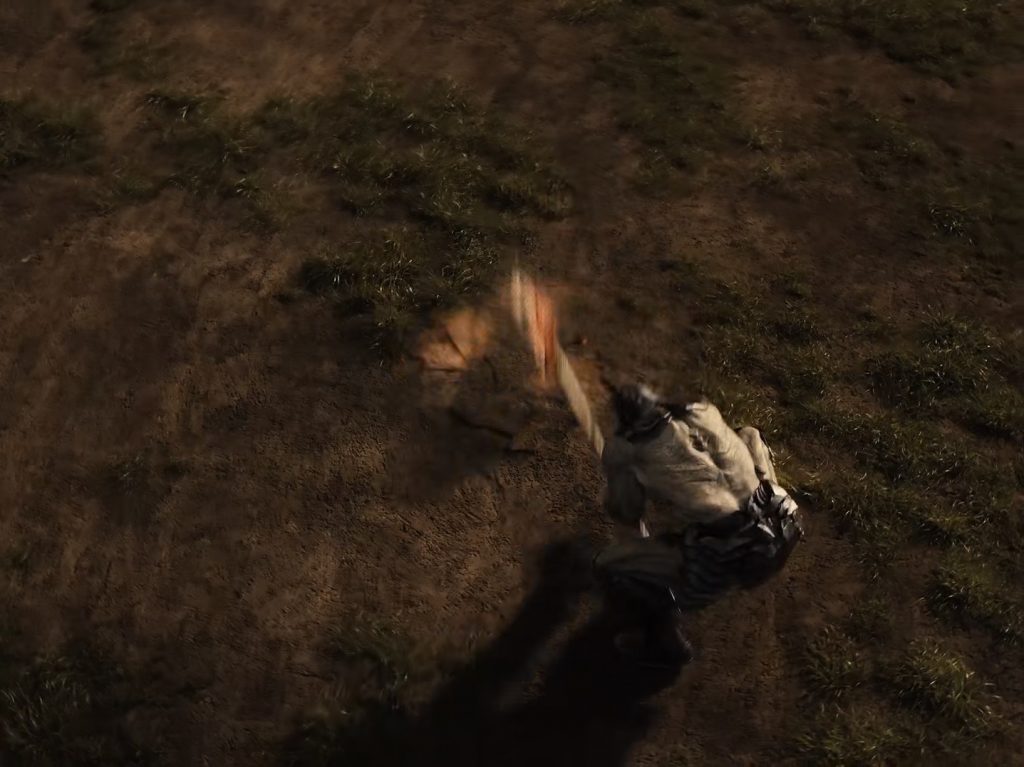 Darkseid desfere um golpe de machado no solo.