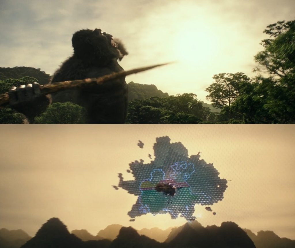 Kong arremessa uma árvore como lança para perfurar o domo holográfico em godzilla vs kong.