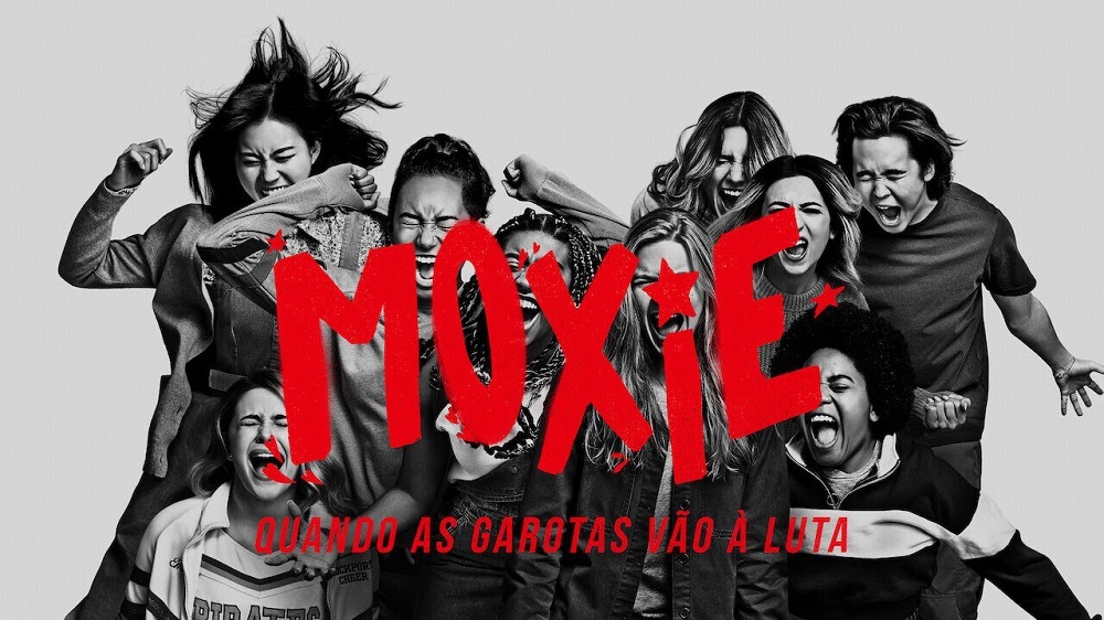 Poster do filme Moxie: Quando as Garotas Vão a Luta, Grupo de adolescentes gritando Otageek