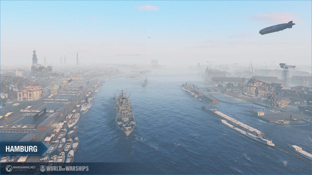 Porto de Hamburgo no jogo World of Warships. Vários navios e embarcações.