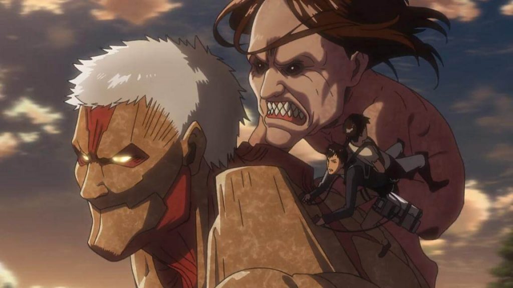 Ymir, Berthold e Eren montados em Reiner, em fuga no anime Attack on Titan