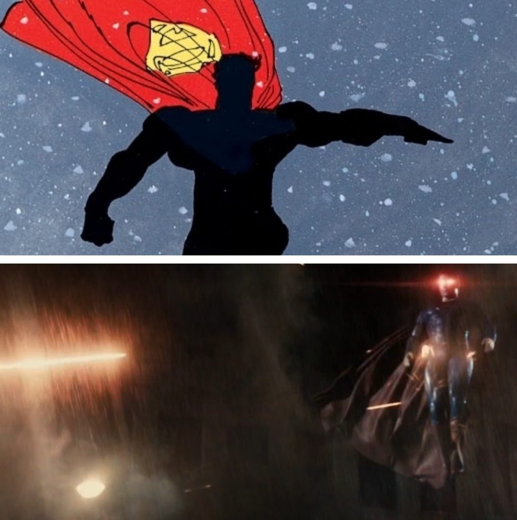 Superman aterrissa para encontrar Batman em O Cavaleiro das Trevas e em Batman versus Superman.