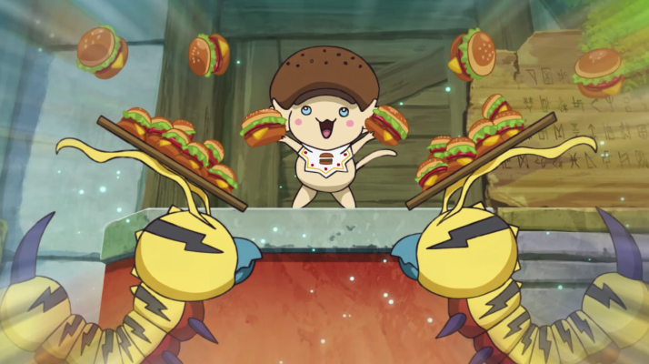 Burgamon e Kunemons distribuindo sanduiches em Digimon Adventure: