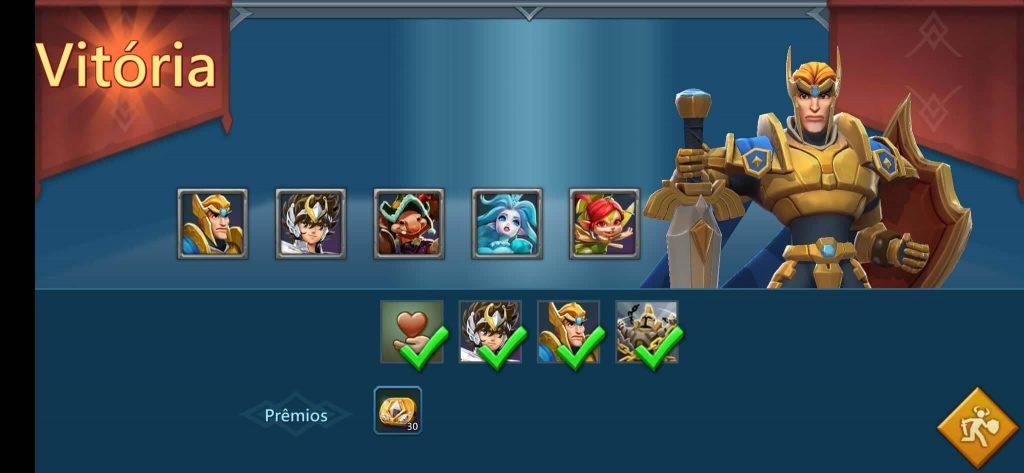 Tela de vitória do Lords mobile com o Seiya no time