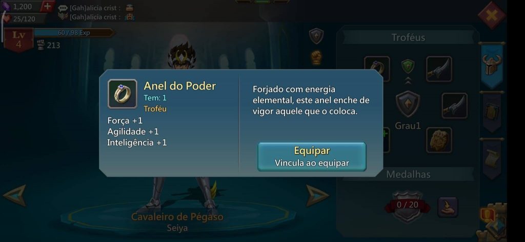 Tela do lords mobile com anel equipado