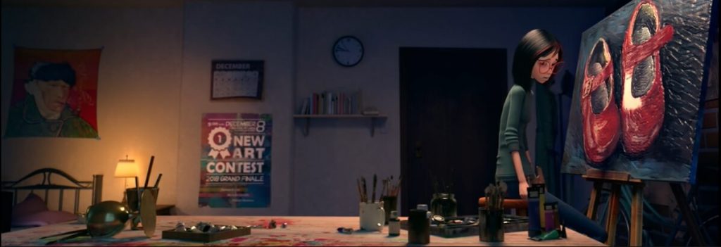 Reprodução do filme Vermelho a cor interior mostrando a protagonista desanimada com o fim da tinta em quadro aberto. Otageek