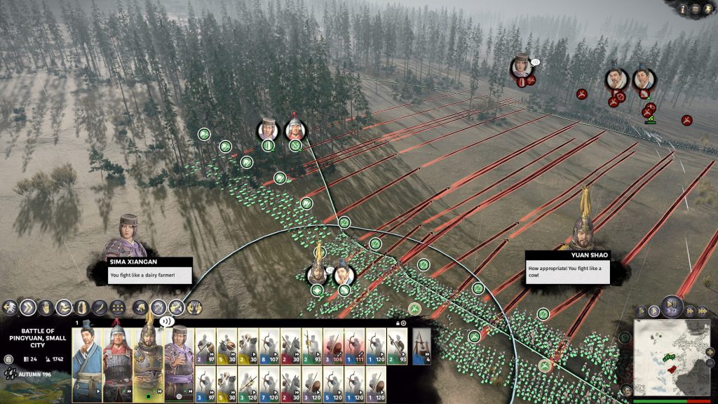Gameplay de Total War: Three Kingdoms durante batalha mostrando vários generais se enfrentando. 