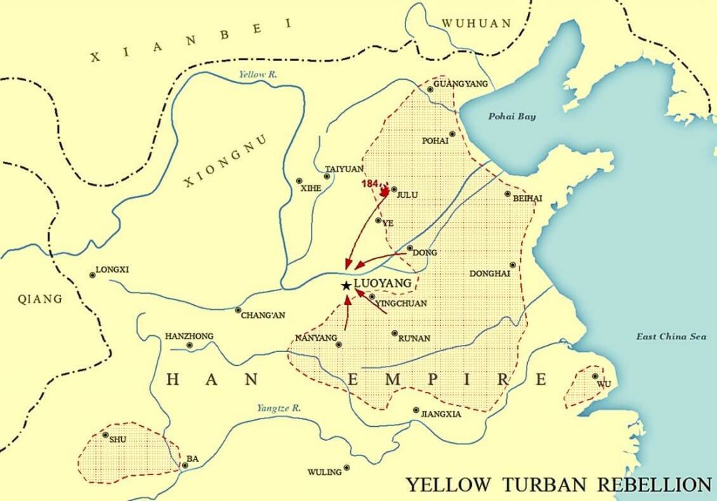 Mapa mostrando a extensão da Revolta dos Turbantes Amarelos