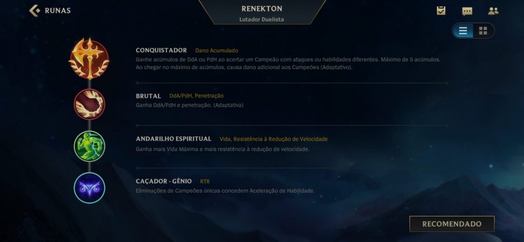 A imagem mostra os ícones referentes ao kit de runas do Renekton como descrito no texto acima. Otageek