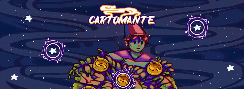 A imagem mostra uma das capas de Cartomante, com um duende e alguns outros elementos do jogo. Otageek