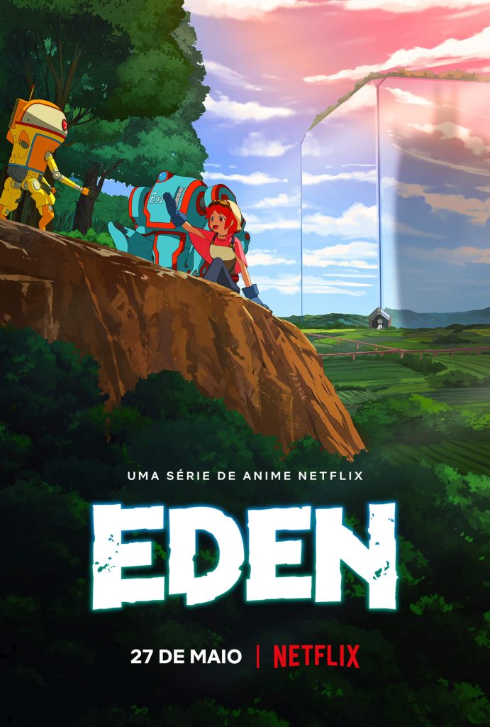 pôster oficial de EDEN com data e logo da Netflix. Na imagem, uma menina ruiva e dois robôs, um azul e um amarelo num cenário florestal - Otageek