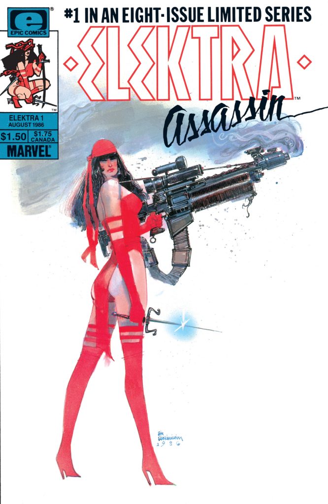 Capa de Elektra: Assassina (1986) mostrando ela segurando uma metralhadora