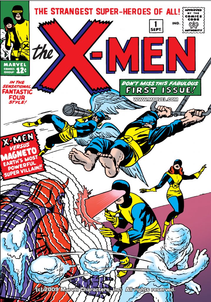 Capa da primeira edição de X-Men 1963 da Marvel mostrando os heróis lutando contra Magneto