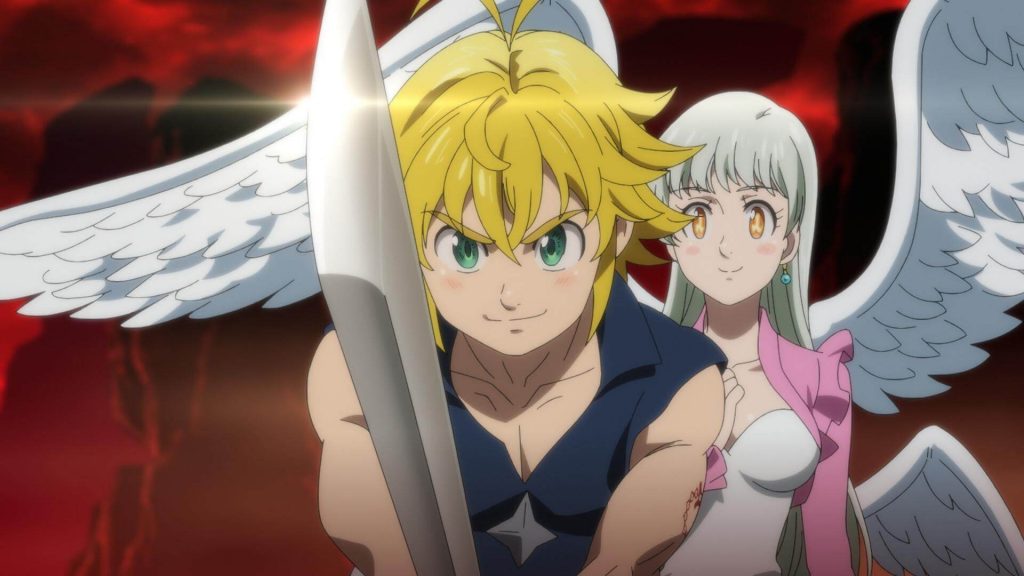 Meliodas empunhando uma espada, Elizabeth atrás dele com asas - Otageek