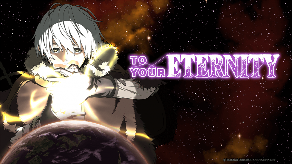 Poster oficial de To Your Eternity da Crunchyroll mostra o protagonista no espaço, acima da terra e em destaque.