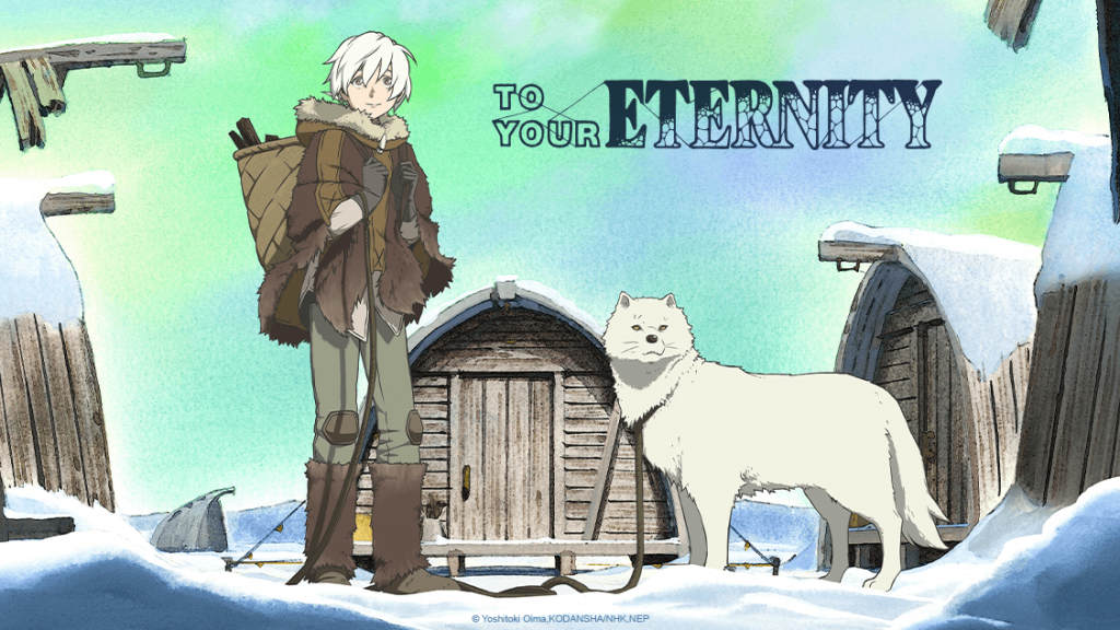 Poster oficial de To Your Eternity da Crunchyroll mostra o protagonista ao lado de um lobo branco.