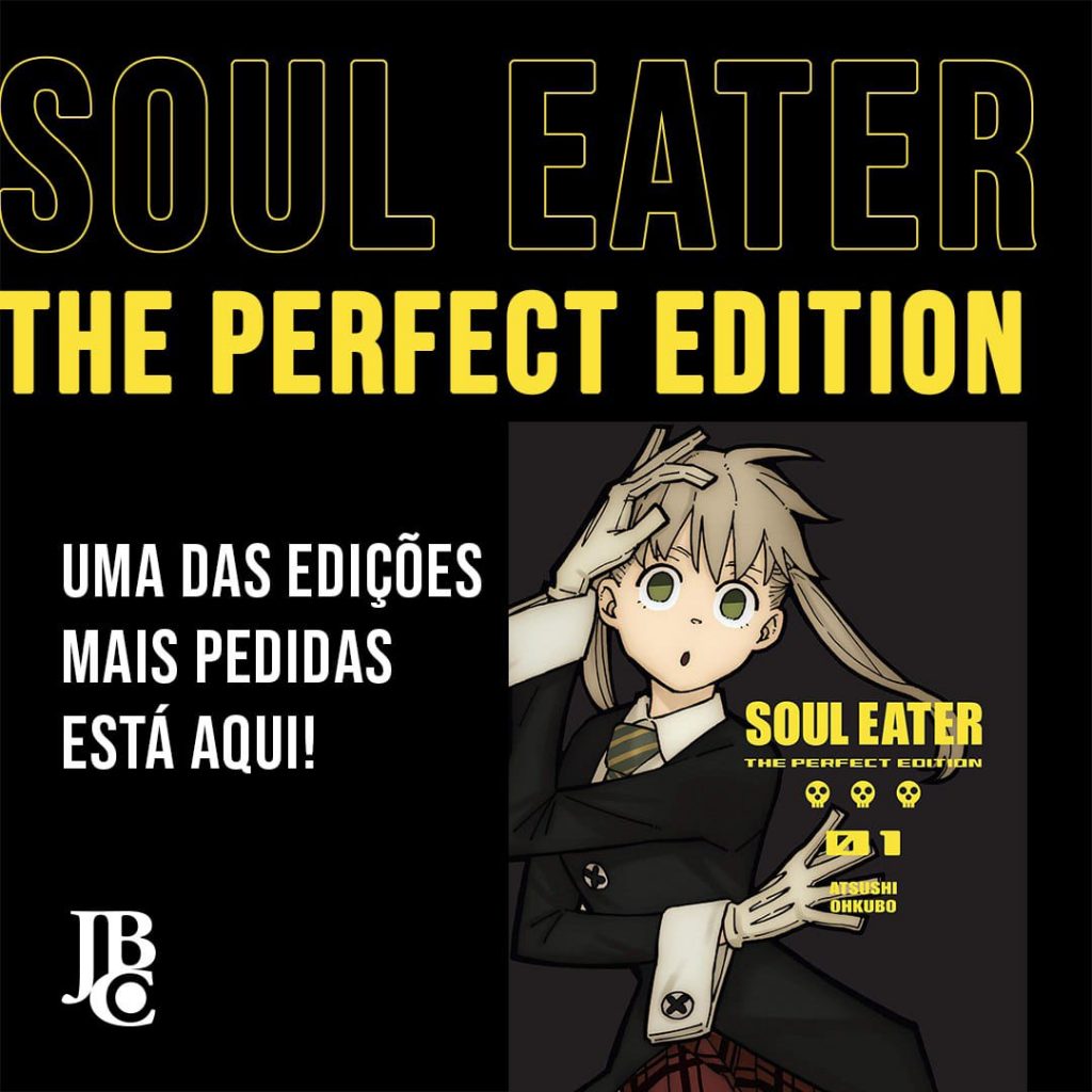 Arte de divulgação do mangá Soul Eater The Perfect Edition.
Uma mão segura a cabeça da Maka