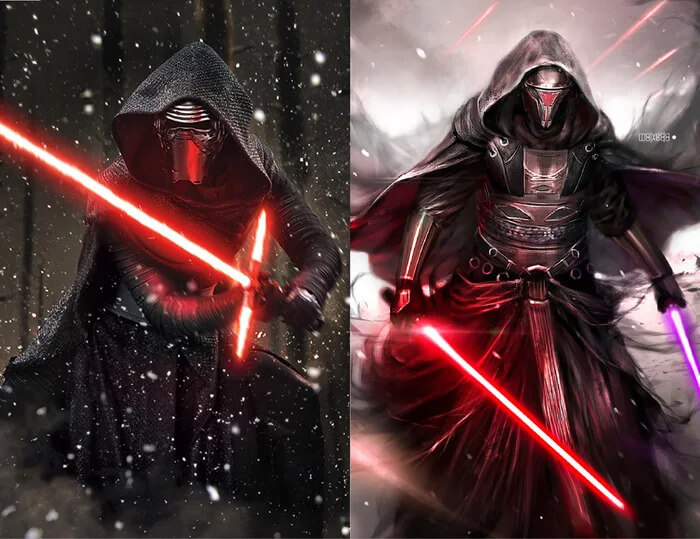 Comparação dos designs das armaduras dos personagens de Kylo Ren da nova trilogia de filmes e Revan dos jogos Knights of The Old Republic