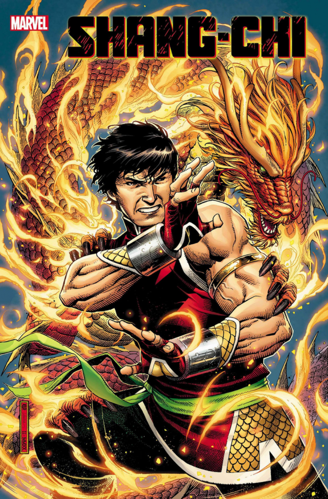 Capa da revista Shang-Chi norte-americana com o protagonista ao lado de um dragão, da Marvel, a ser lançada pela Panini.