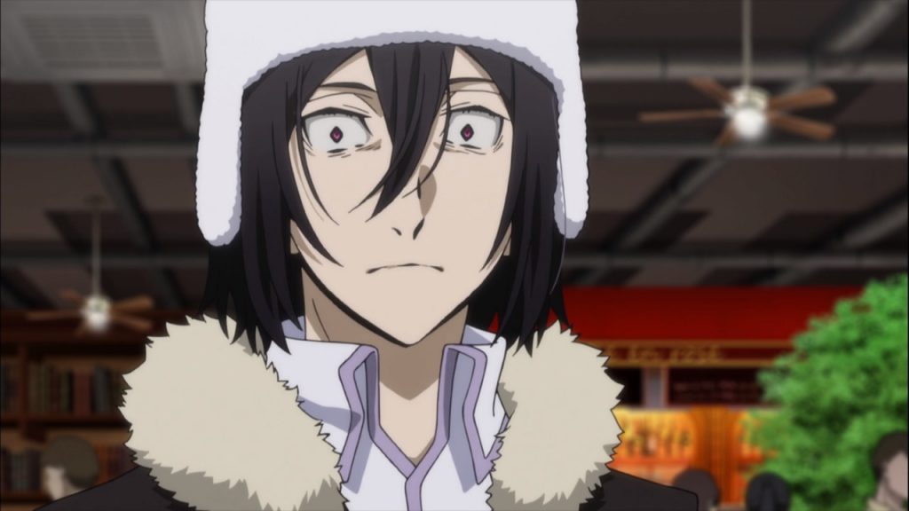 Fyodor Dostoevsky, do Bungou Stray Dogs, usando uma ushanka branca e cara de espanto.