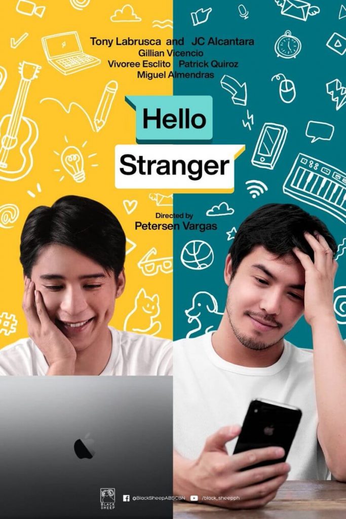 O poster oficial de Hello Stranger mostra os protagonistas em ambientes diferentes simbolizado por cores. Um está usando o computador, enquanto o outro está usando o celular.