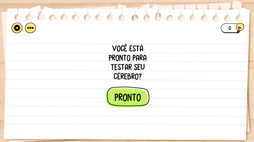 Tela inicial de Brain Test: Tricky Puzzles perguntando se você está pronto para testar seu cérebro