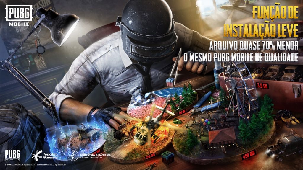 Imagem promocional do jogo PUBG MOBILE. Ilustração de um homem com máscara de proteção criando um tipo de maquete do jogo. 