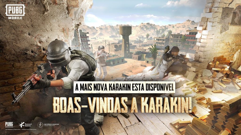 Imagem promocional do jogo PUBG MOBILE. Ilustração de cenário de guerra com dois homens armados. 