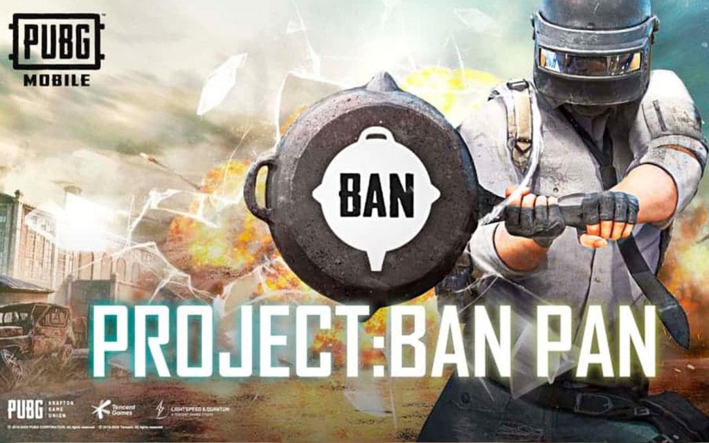 Imagem promocional do jogo PUBG MOBILE, focado no Sistema Anti-Trapaça Ban Pan. Ilustração de um personagem homem batendo uma arma de ferro, escrito "BAN", na tela.