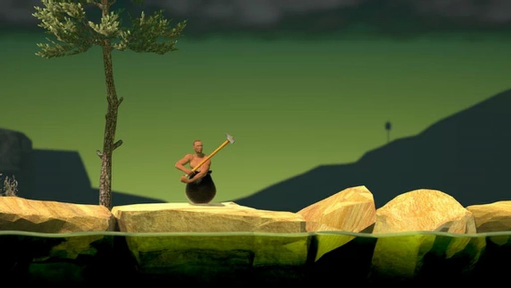  Jogo de plataforma Getting Over It with Bennett Foddy o personagem principal é um homem dentro de um caldeirão que se movimenta usando um grande martelo - Otageek