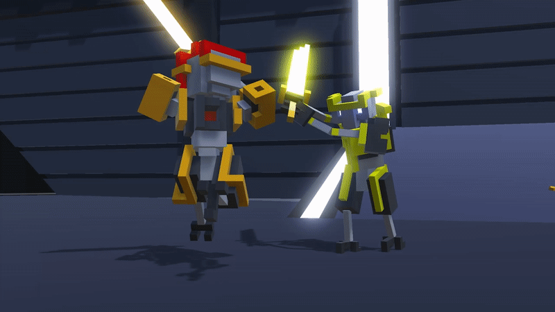 Um robô corta outra ao meio com sua espada neon em Clone Drone in the Danger Zone - Otageek