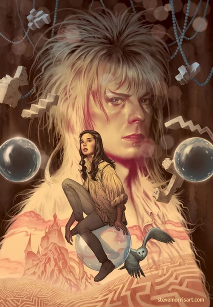 Fanart de Labirinto, mostrando Sarah (Jennifer Connely) em primeiro plano e Jareth (David Bowie) ao fundo. - Otageek