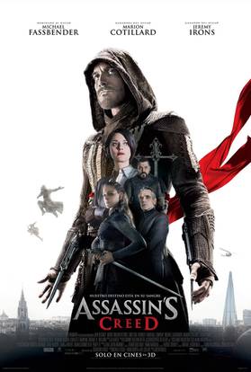 capa do filme Assassin's Creed, com um grupo de pessoas ao centro, com destaque para o protagonista, de capa e capuz em tamanho maior que os demais - Otageek