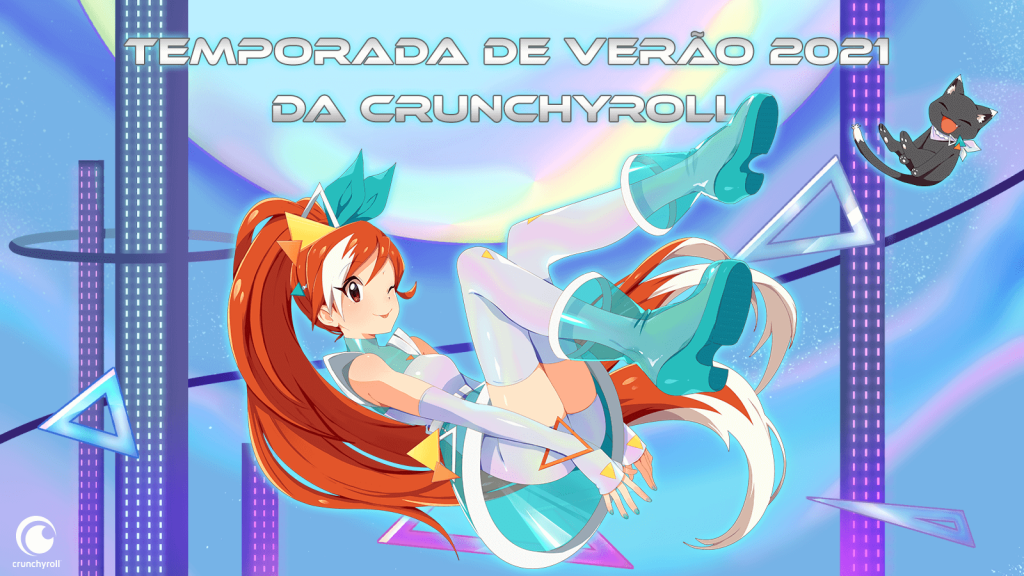 Banner da Crunchyroll com personagem animada em trajes azuis, cabelos vermelhos, como se estivesse flutuando. Ela pisca um olho. À direita, um gatinho preto sorrindo.