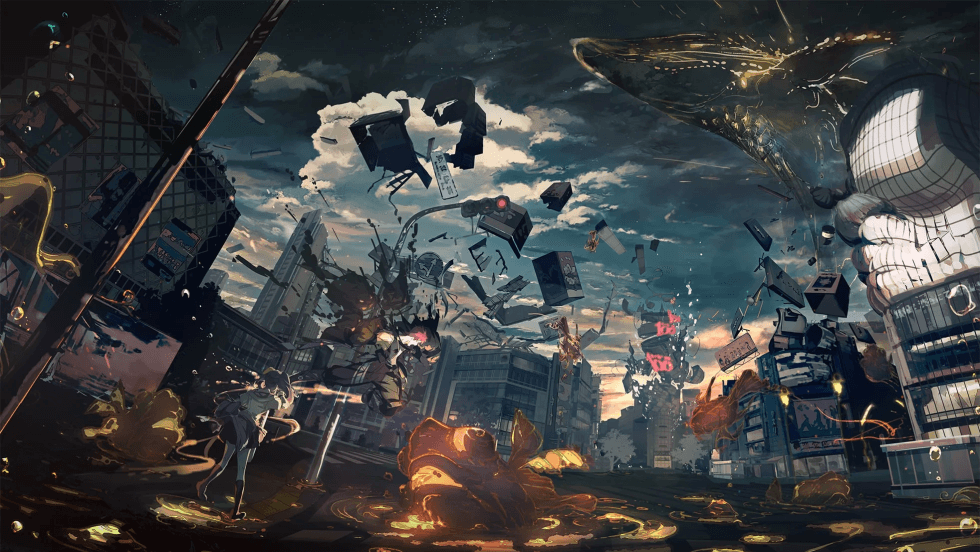 Poster oficial de D_CIDE TRAUMEREI mostra uma personagens e uma cidade sendo destruída no fundo.