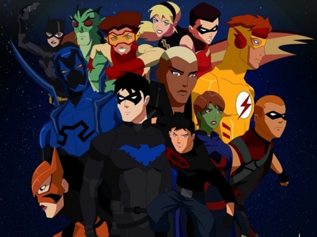 A imagem mostra os personagens da série animada, Justiça Jovem, uma das animações da DC Comics. 