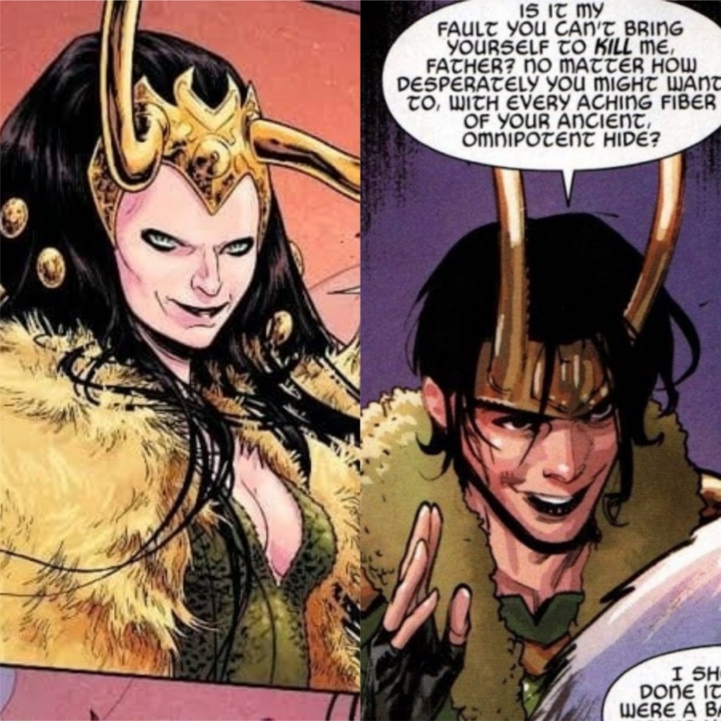 À esquerda, a versão feminina de Loki após Ragnarok; à direita, o novo make up de Loki, de batom preto e unhas pintadas de preto. lgbt