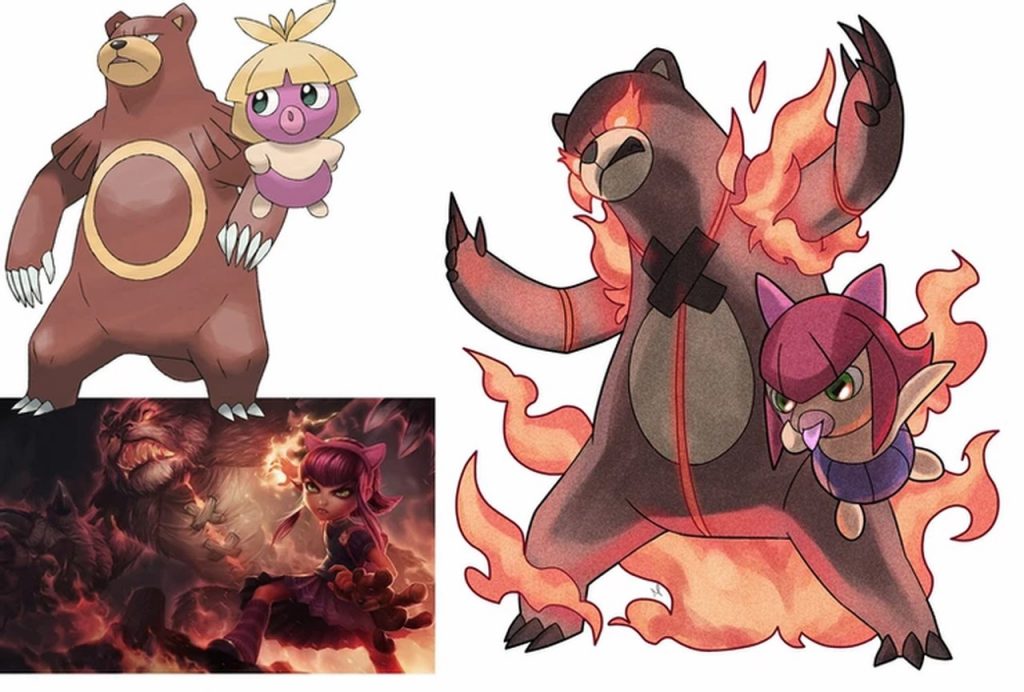 A imagem mostra os desenhos criados pelo artista Mega Brener, juntando personagens do LOL com personagens do Pokémon. 