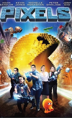 Capa do filme Pixels. Ao fundo, um emoji digital com boca aberta e, à frente, um grupo de pessoas com armas a laser em poses de luta - Otageek
