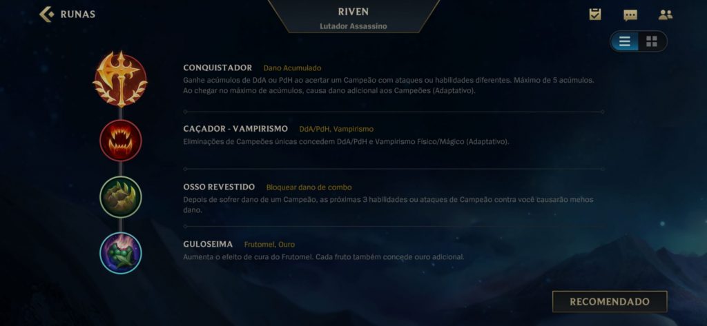 A imagem mostra os ícones referentes ao kit de runas de sustentação da Riven, como descrito no texto acima. Otageek