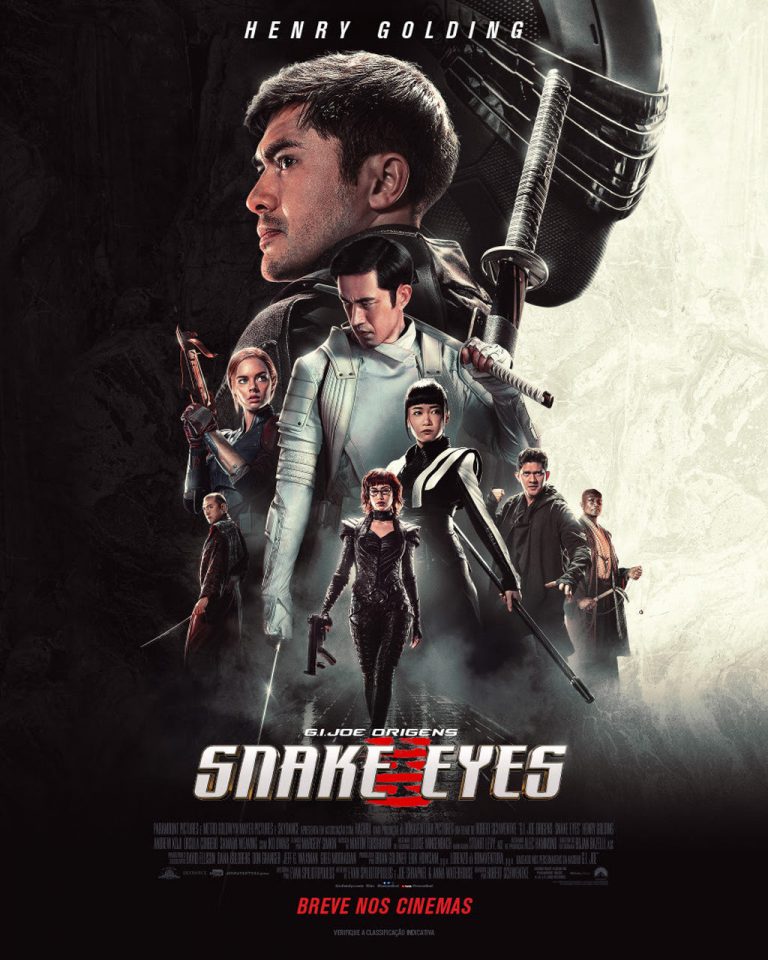 poster do filme Snake Eyes com os atores sobreposicionados uns sobre os outros