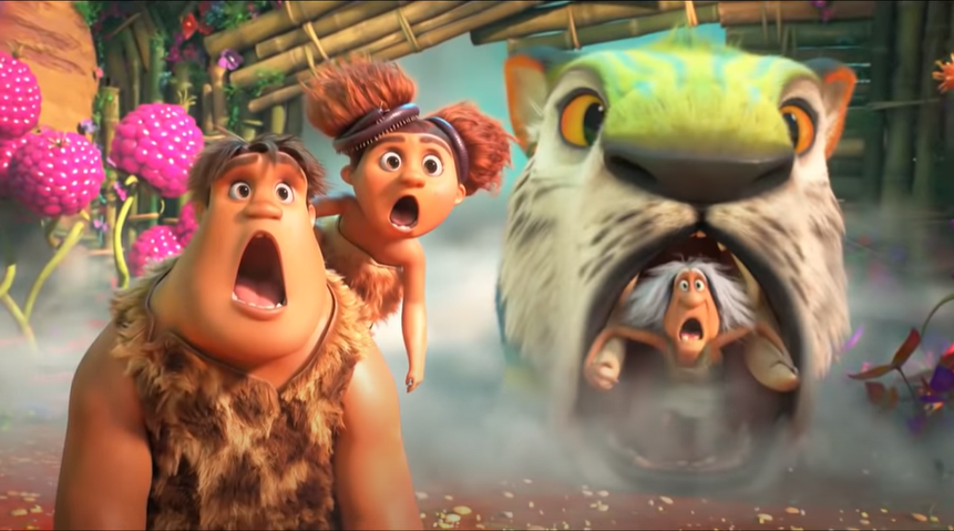 Thunk, Sandy, Vovó e o tigre suspresos com a fazenda dos Bem-Melhores - Crítica Os Croods 2: Uma Nova Era - OtaGeek