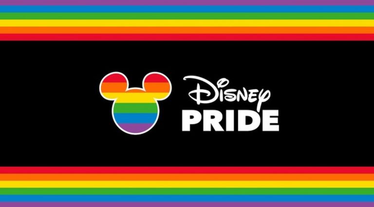 Bandeira Lgbtqiap+ ilustrada nas bordas da imagem e dentro da silhueta do Mickey Mouse, acompanhada da frase Disney Pride