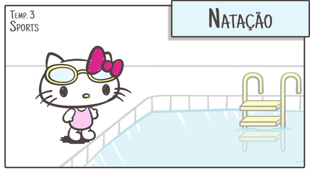 Imagem retirada de um dos episódios de Hello Kitty Fun no Youtube, mostra a Kitty de maio em frente a uma piscina. O episódio fala sobre natação.