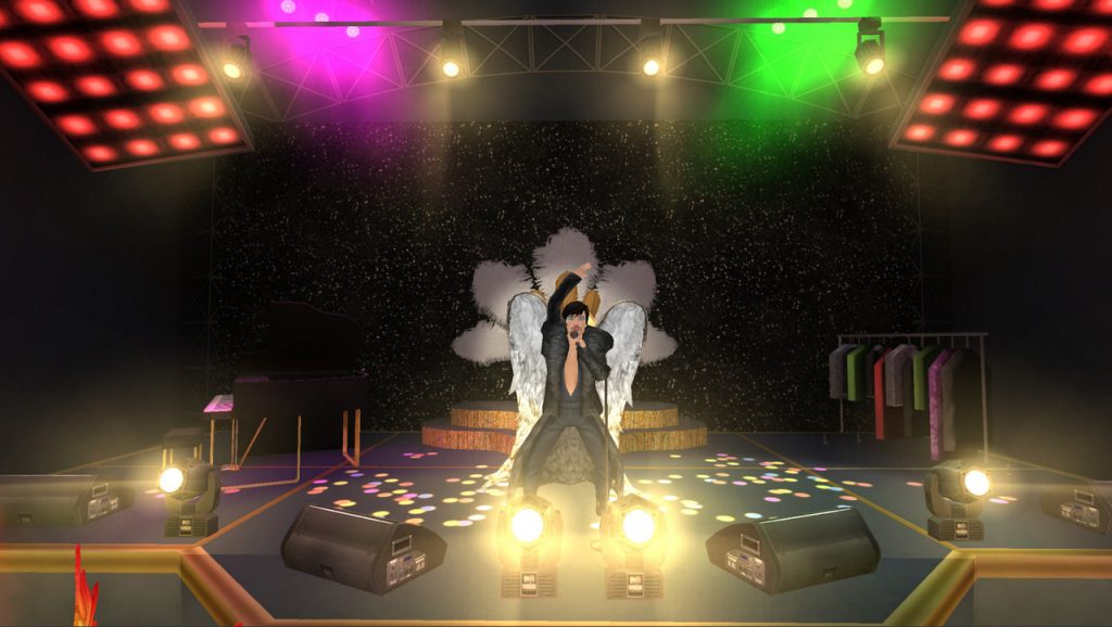 Imagem da participação do cantor Johnny Hooker no jogo Avakin Life. Nela, vemos Johnny no centro de um palco, com luzes com cores que remetem à bandeira LGBTQIA+. O avatar do cantor traja vestes pretas, e tem asas gigantes penduradas nas costas.