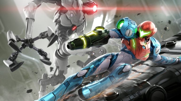 Imagem capturada de Metroid Dread durante Nintendo Direct, com Samus Aran lutando contra robô inimigo - Otageek