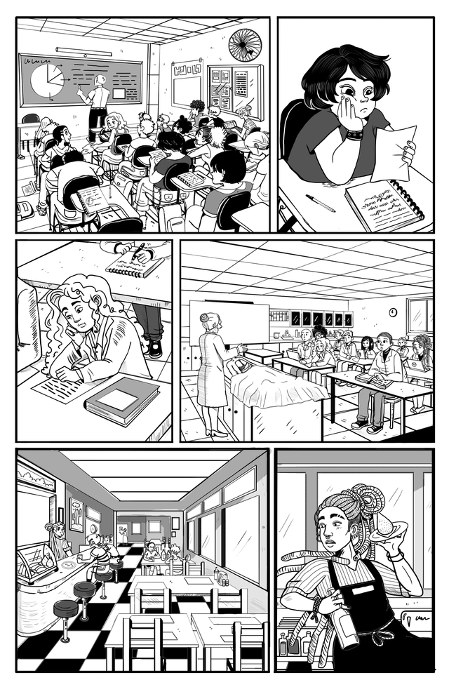 Primeira página de O último jogo mostrando Júlio e Talita na sala de aula e Roberto trabalhando no bar