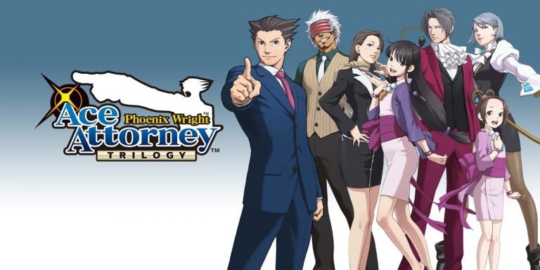 Personagens do jogo Ace Attorney posando para com o logo da franquia.