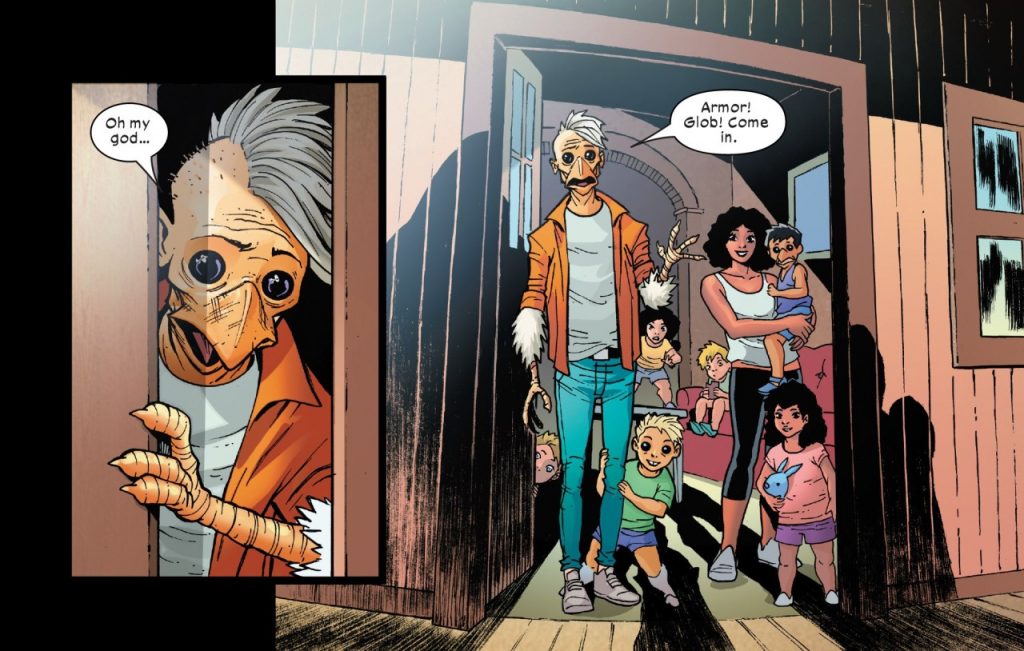 Imagem de comic que mostra os mutantes Angel e Bico com seus filhos.